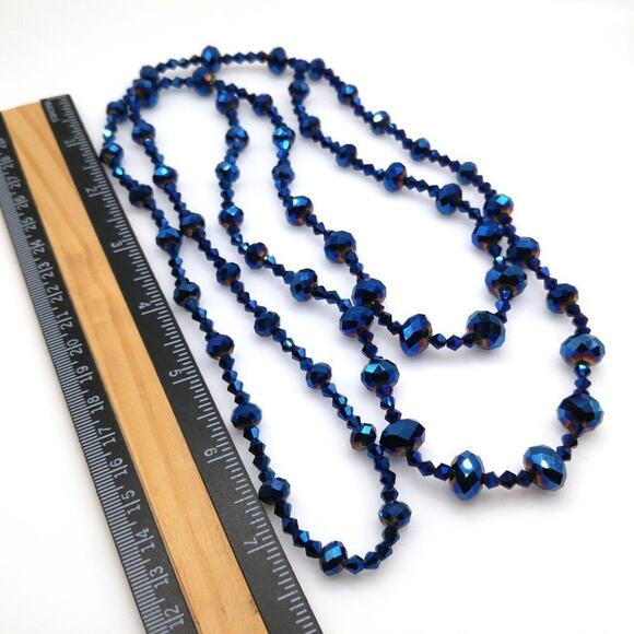 Blue Iridescent Beaded Necklace, No Clasp, Two Strands, 28 Inches - Picture 7 of 8